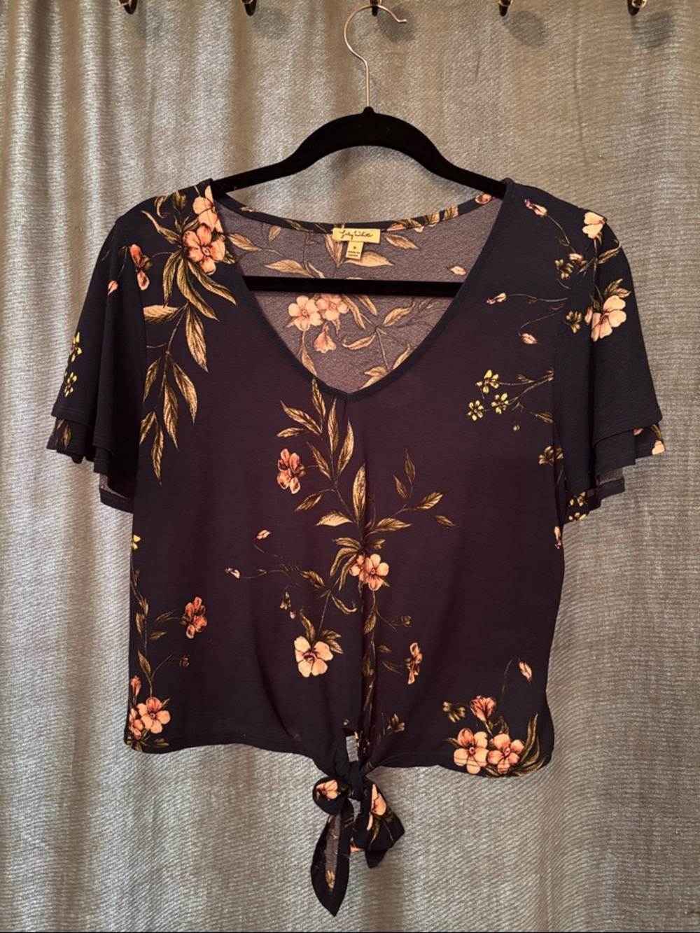 Navy Floral Tie-Front Crop Top